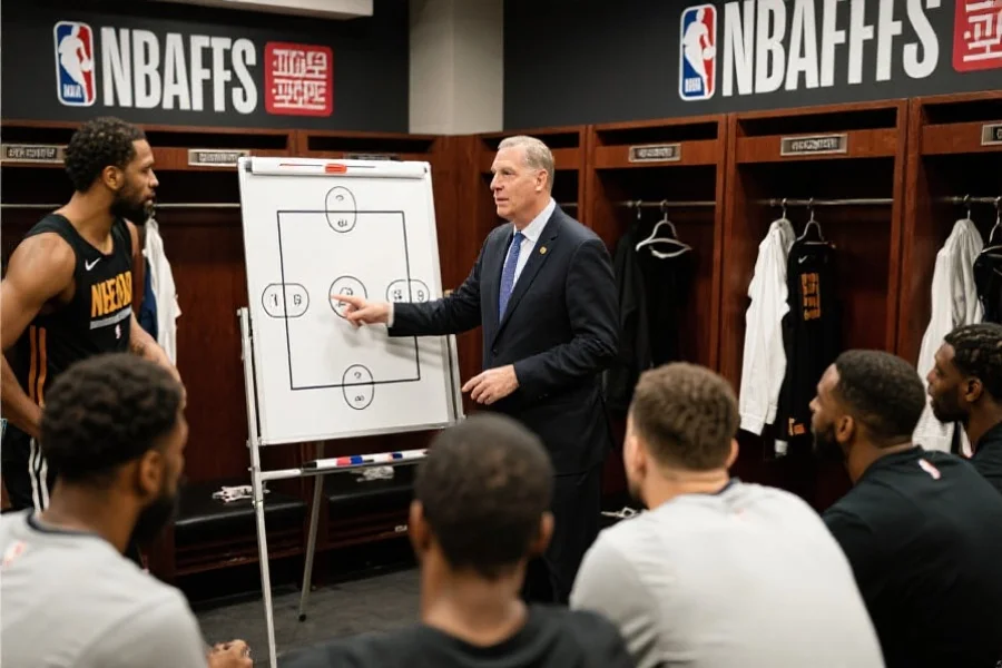 教练在战术板前为球员讲解战术,球员们认真聆听,背景为NBA季后赛的更衣室